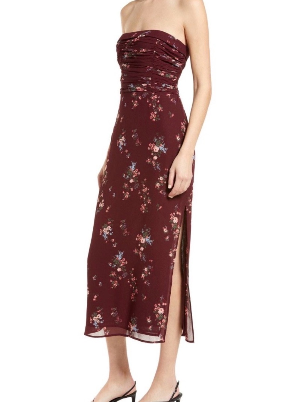 Reformation Lore Rosaline Strapless Burgundy Floral Midi Dress
